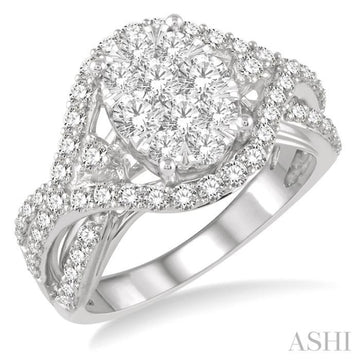1 1/10 Ctw Split Shank Oval Shape Lovebright Round Cut Diamond Ring in 14K White Gold